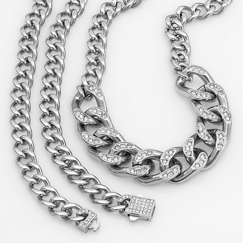 BTG CUBAN 13MM Silver Necklace Stainless Steel Titanium White Zircon