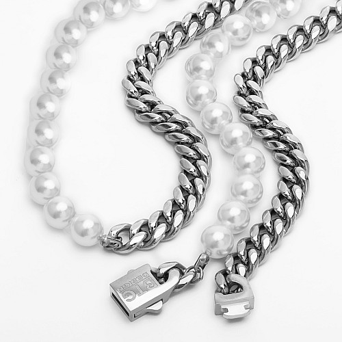 BTG MIAMI WHITE 8MM Silver Stainless Steel Neck Chain With Round Pearl
