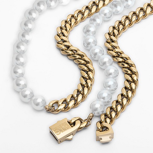 BTG MIAMI WHITE 8MM Gold 18K Stainless Steel Neck Chain With Round Pearl