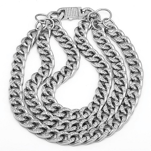 CUBAN TRIPLE 13MM Silver Necklace Stainless Steel Titanium White Zirconia