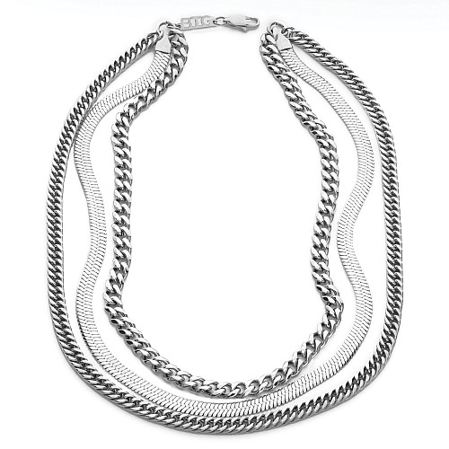 TETAN 7MM Silver Triple Chain Necklace Stainless Steel
