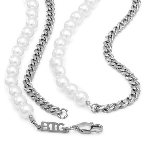 BTG CUBAN WHITE 5MM Silver Stainless Steel Neck Chain With Round Pearl