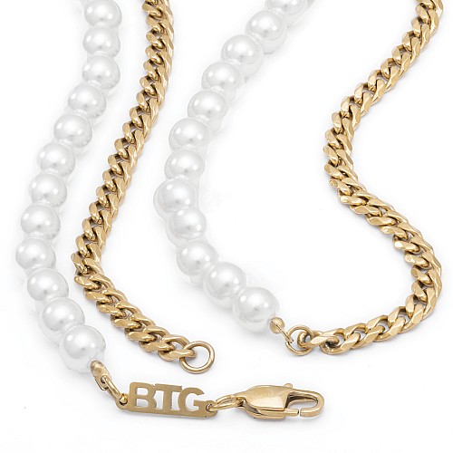 BTG CUBAN WHITE 8MM Gold 18K Stainless Steel Neck Chain With Round Pearl