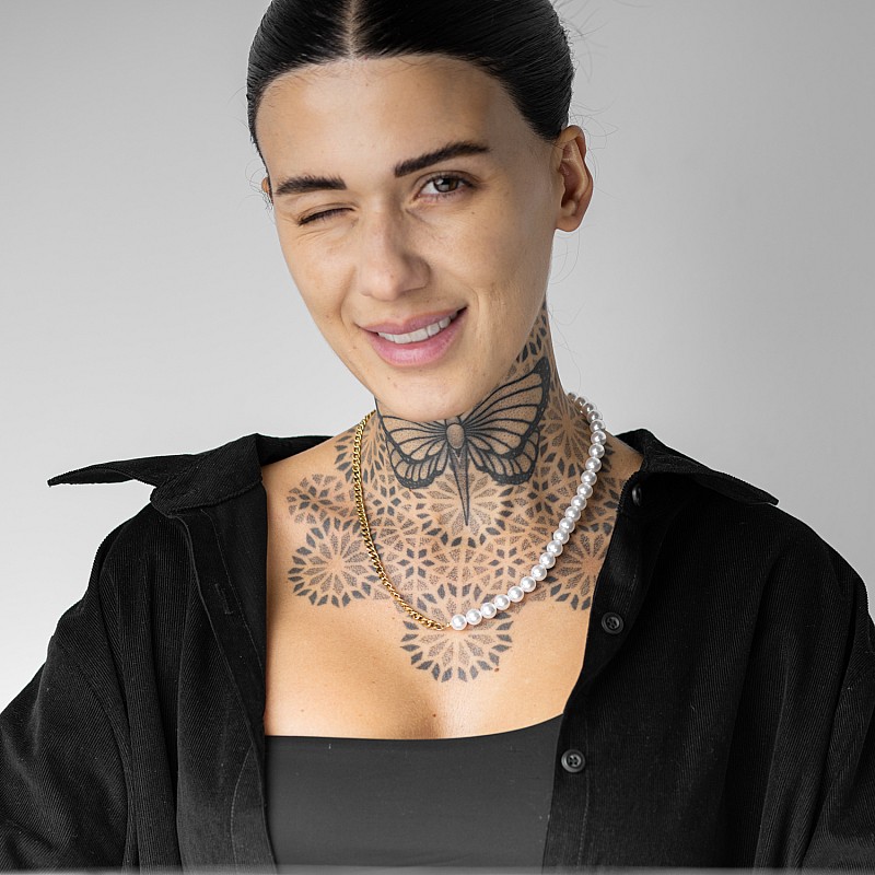 BTG CUBAN WHITE 8MM Gold 18K Stainless Steel Neck Chain With Round Pearl