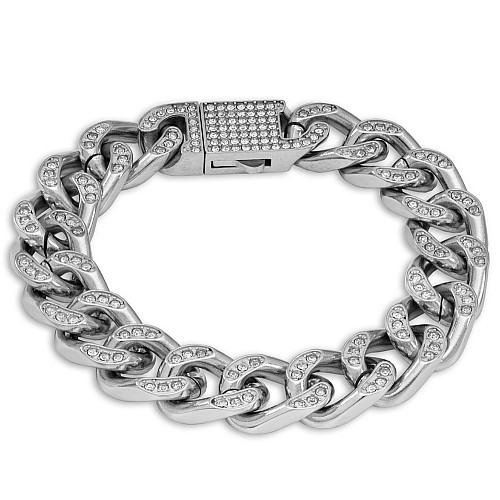 CUBAN 13MM Silver Stainless Steel Hand Chain With Titanium With White Zircon