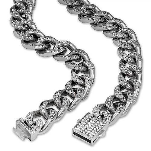 CUBAN 13MM Silver Neck Chain With Stainless Steel Titanium And White Zirconia