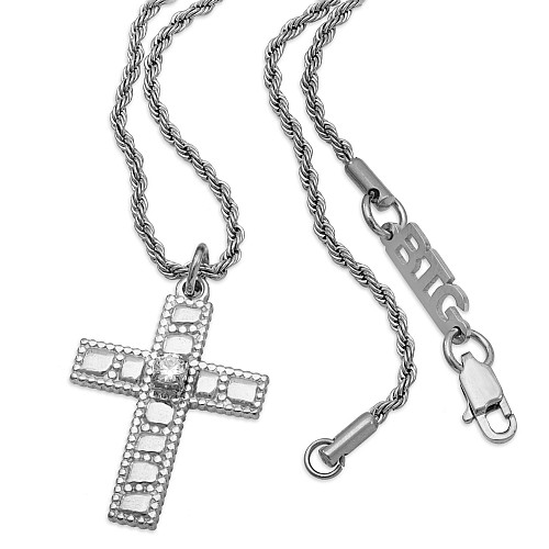 CROSS Silver Neck Cross Stainless Steel With White Zircons
